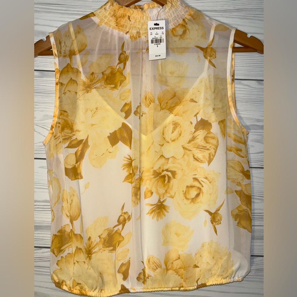 NWT EXPRESS Sheer Floral High Neck Blouse Peekaboo Back Built-in Cami Size Small